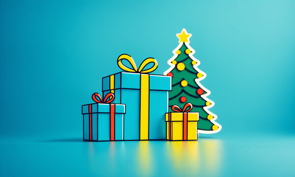 three colorful illuminated gift boxes in blue and yellow with glowing ribbons on a smooth bright blue surface next to a flat decorated christmas tree.