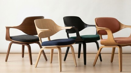 Fototapeta premium Modern wooden armchairs with upholstered seats in various colors