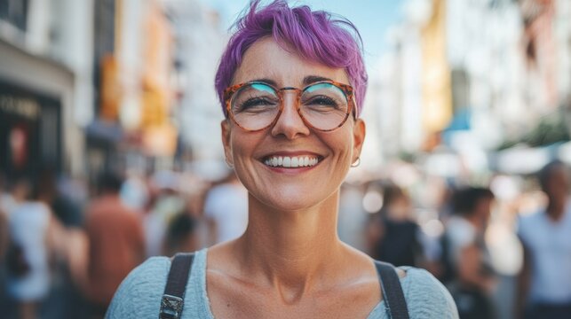 Smiling woman with purple hair and glasses stands confidently in a bustling urban street, surrounded by blurred figures, showcasing vibrant city life and joyful atmosphere