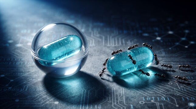 A clear spherical container holds a glowing blue capsule, while ants swarm over a similar exposed capsule.