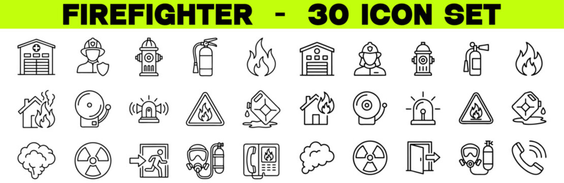 Firefighter Icon Set &ndash; Fire Department, Fire, Hose, Extinguisher and Burning House Editable Stroke Vector Line Icons