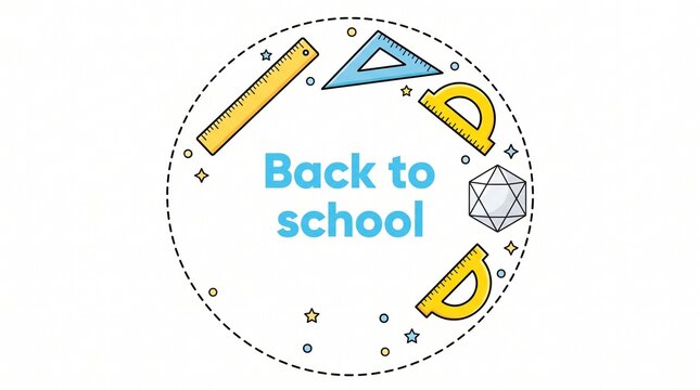 Back to school text composition featuring colorful geometric stationery icons like rulers protractors triangles and polyhedrons arranged in a playful circular border layout perfect for educational ban