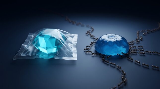 Several ants meticulously follow a trail towards a glowing blue gem sealed in plastic, while others swarm around an exposed, similar gem.
