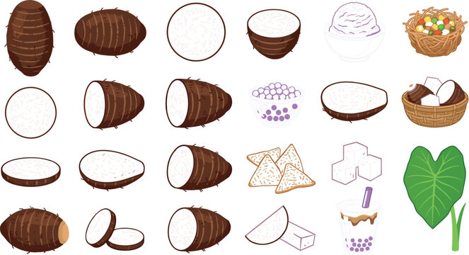 Taro Root Vector Icon Set with Whole Tubers, Cut Slices, Taro Leaves, Purple Boba Tea, Ice Cream, Chips, and Culinary Ingredient Graphics