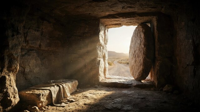 Empty stone tomb with rolled away circular rock entrance and light beams