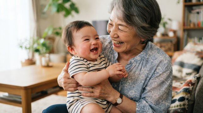 Happy grandmother holding and laughing with her baby grandchild at home