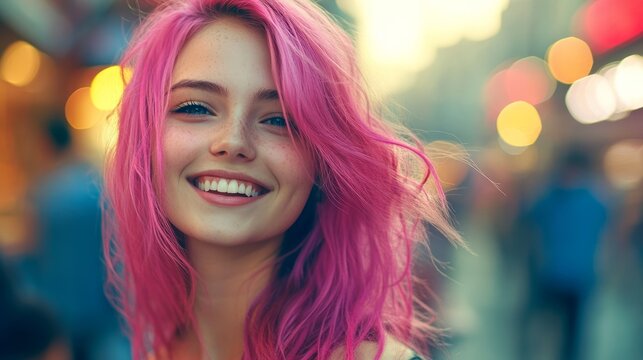 Young woman with vibrant pink hair smiles joyfully in a bustling urban street, surrounded by colorful lights and blurred figures, capturing a lively atmosphere of happiness and youth