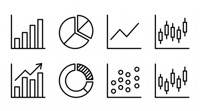 Professional set of various financial data analytics icons displaying bar charts and pie graphs along with candlestick patterns created in clean black line art style on a pure white background.