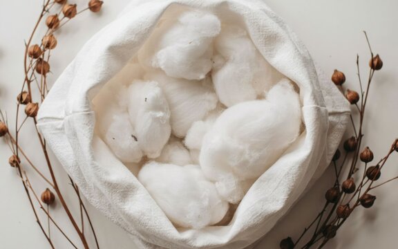 Top-down view of raw white cotton bolls in a fabric bag with dried stems