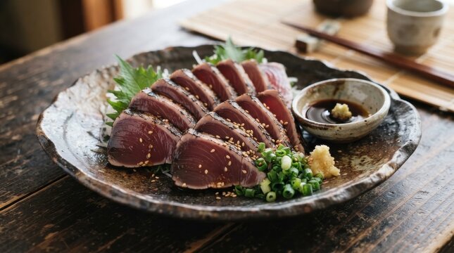 Seared bonito tataki sashimi on ceramic plate with soy sauce and garnishes