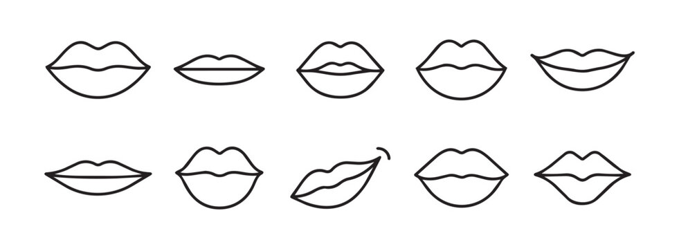Hand drawn lip outline set in playful doodle style, featuring ten distinct mouth shapes arranged in two rows for icon, decorative, beauty, cosmetic and branding use