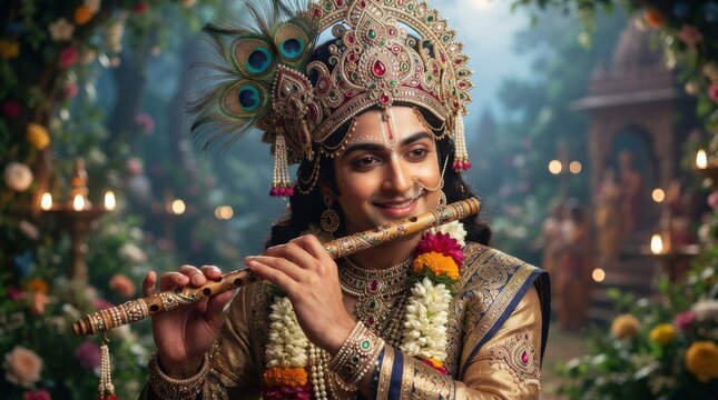 Hindu deity Krishna playing flute in a garden adorned with flowers and peacock feather crown