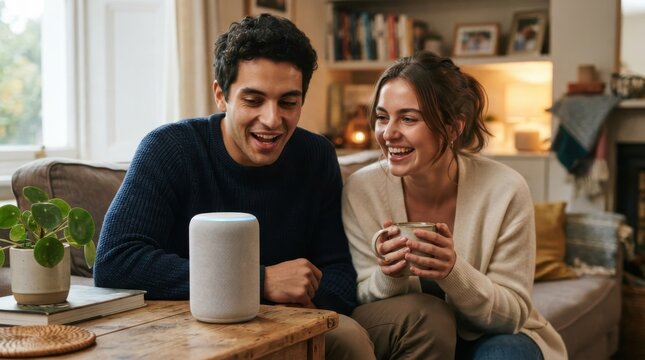 Happy couple sitting on sofa in living room interacting with smart speaker