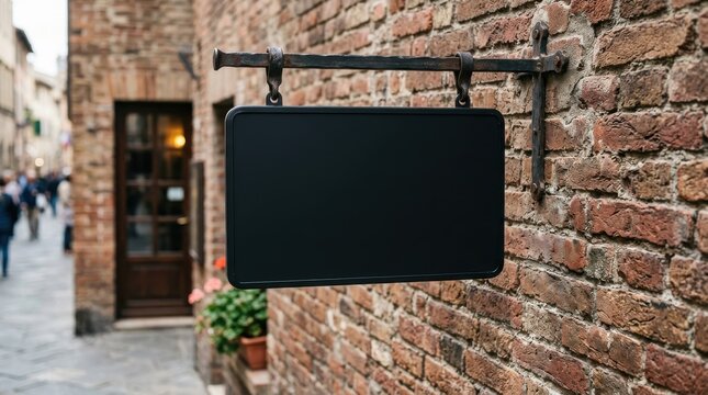 Blank hanging sign on an old brick wall in a European street