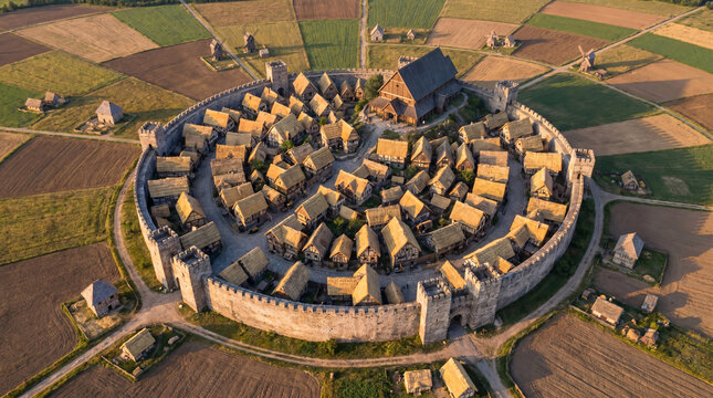 A circular stone-walled medieval settlement features clustered half-timber thatched houses, central timber manor, surrounding farmlands, windmills, set within dry rolling wilderness under warm amber s