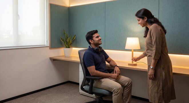 Indian HR Manager Accommodating Employee in Sensory-Friendly Quiet Workspace