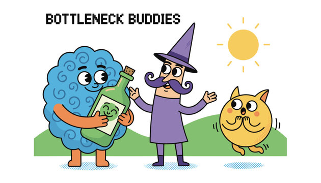 Colorful cartoon illustration featuring funny fantasy characters and a green bottle under a bright, cheerful sun.