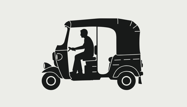 Black silhouette of a traditional auto rickshaw taxi with a driver inside, isolated on an off-white background.