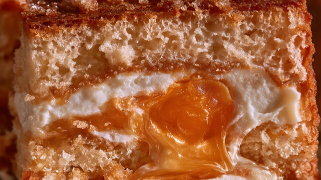Mid-Autumn reunion cake macro close-up, giant mooncake cut open, geological strata texture with crust, lotus paste and glowing salted egg yolk like rising sun or moon, commercial asset for poster, pac