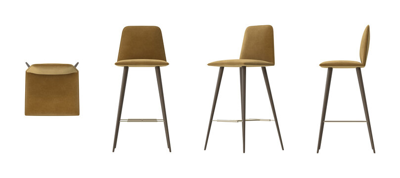 Modern bar stool with upholstered seat and back in multiple views