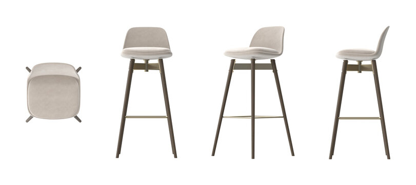 Modern upholstered bar stool with wooden legs and metal accents