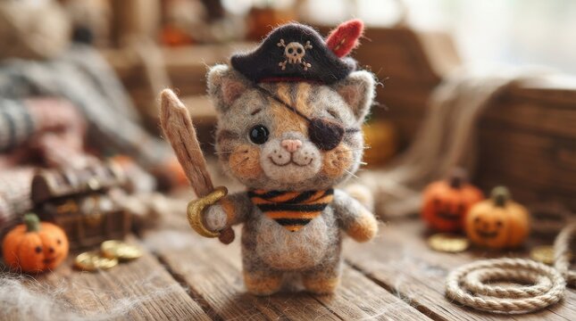 Felted wool cat pirate figure with sword and eyepatch on wooden background