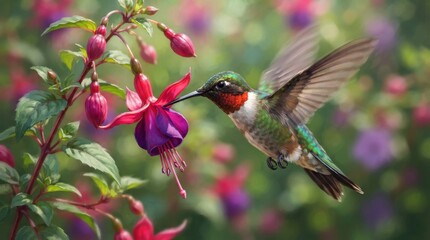 Fototapeta premium Hummingbird feeding on fuchsia flower in garden