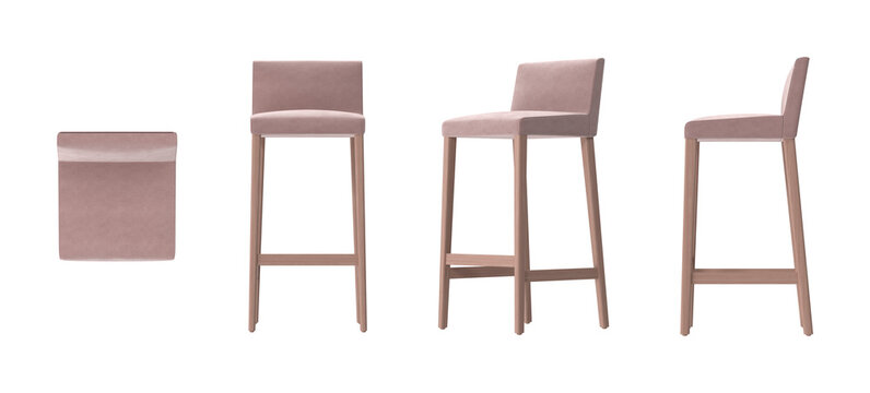 Modern upholstered bar stool with wooden legs shown from multiple angles