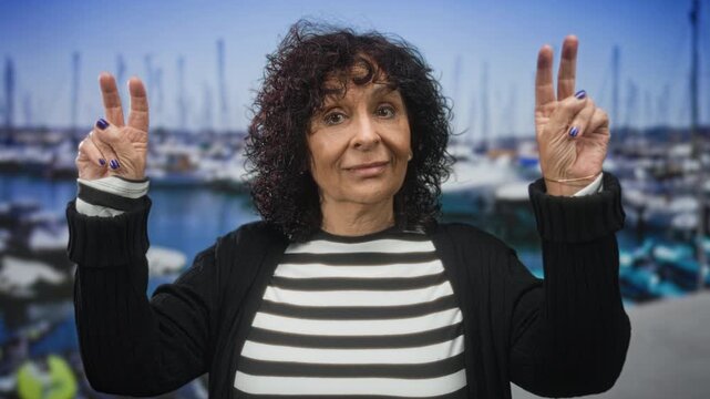 Woman makes air quotes with both hands showing purple nails in studio marina backdrop; playful irony.