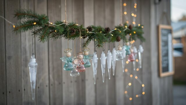 Festive Decorations with Glass Angels and Icicles on a Wooden Wall