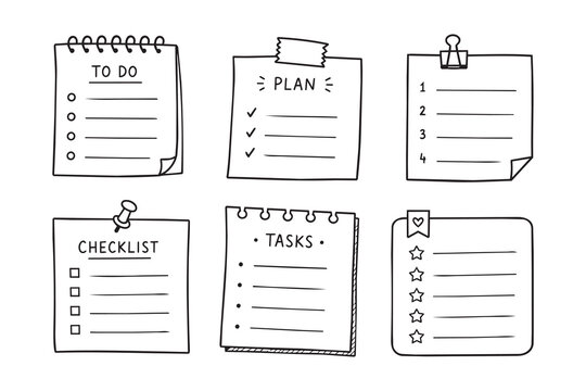 organized to-do lists and checklists for task management in a top-down perspective with paper and clips on a clean background, vector illustration of productivity tools.