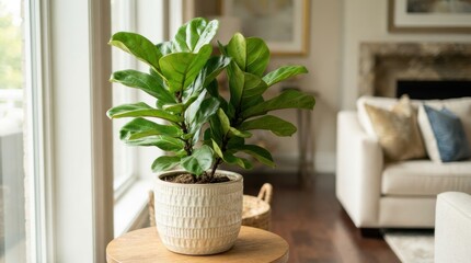 Fototapeta premium Fiddle leaf fig plant in textured pot on wooden stool in living room