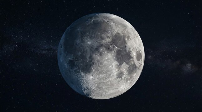 Detailed full Moon glowing against a dark night sky with visible craters, maria and highlands, surrounded by faint stars and subtle galactic light, creating a calm astronomical space atmosphere