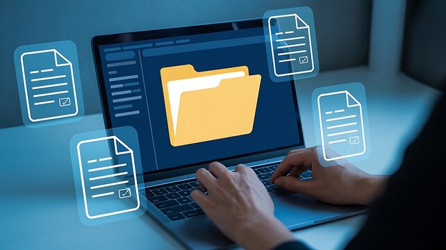 User Organizing Digital Documents and Folders on a Laptop Computer Screen for Efficient Cloud Data Management and Professional Workflow Optimization