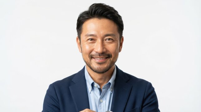 Asian businessman smiling wearing dark suit and blue shirt
