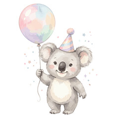 Fototapeta premium Cute Baby Koala Celebrating Birthday with Pastel Balloon and Party Hat Watercolor