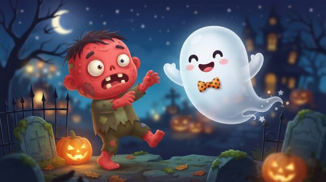 Cute cartoon zombie and friendly ghost in a spooky graveyard at night