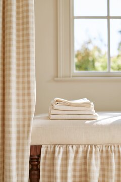 Cream banquette with skirted design and neatly folded linens placed on top, positioned near a window with natural light illuminating the scene