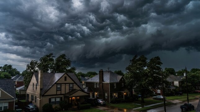 Severe storm clouds looming over suburban neighborhood and houses