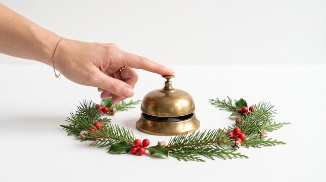 Hand ringing classic hotel bell surrounded by pine sprigs and red berries on white backdrop