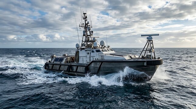 Fast military patrol boat sailing on the ocean under a cloudy sky