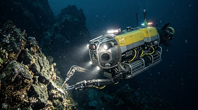 Remote operated underwater vehicle exploring the deep sea ocean floor with lights on