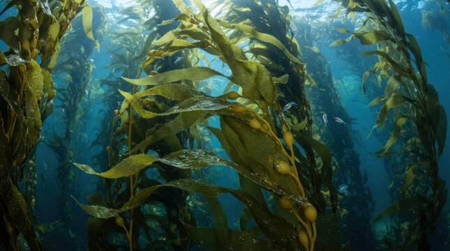 Underwater kelp forest with sunlight filtering through the ocean