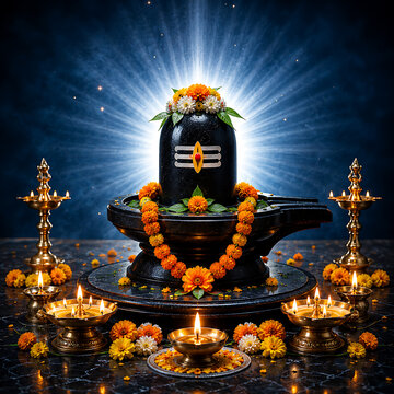 Shiva lingam with floral garland and lit oil lamps devotional scene