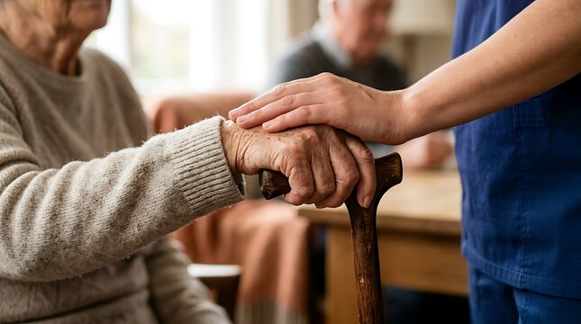 Caregiver holding the hand of an elderly person holding a wooden walking cane for support