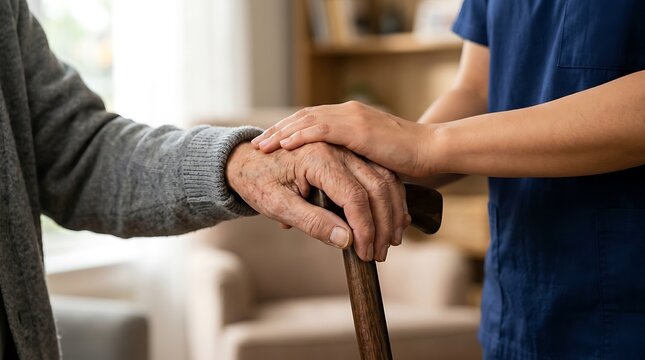 Young caregiver holding hand of elderly person with walking cane for support