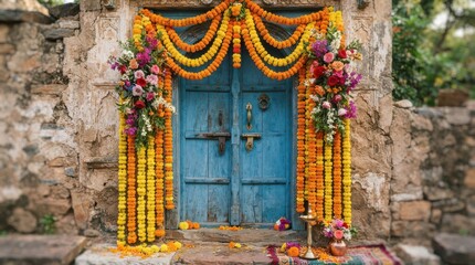 Obraz premium Traditional Indian wedding door decoration with marigold flowers