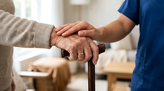 Caregiver holding hand of elderly person with walking cane for support in nursing home