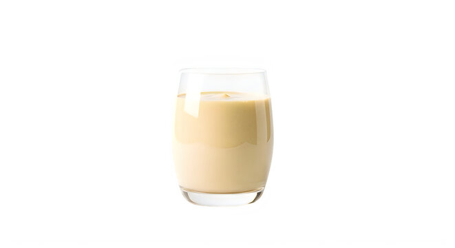 Glass of creamy beige smoothie or protein shake isolated on white background