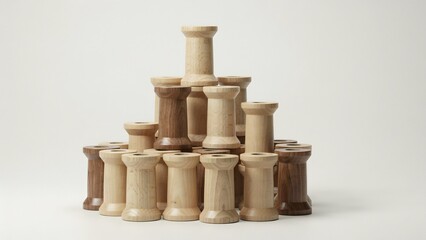 Naklejka premium Wooden Spools Arranged in a Creative Pile on a White Background